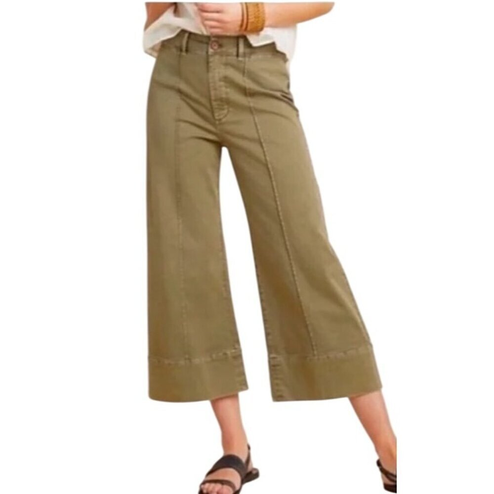 Anthropologie Chino Wide-Leg Cropped Pants Size 8 Olive Green Cotton Womens Trou